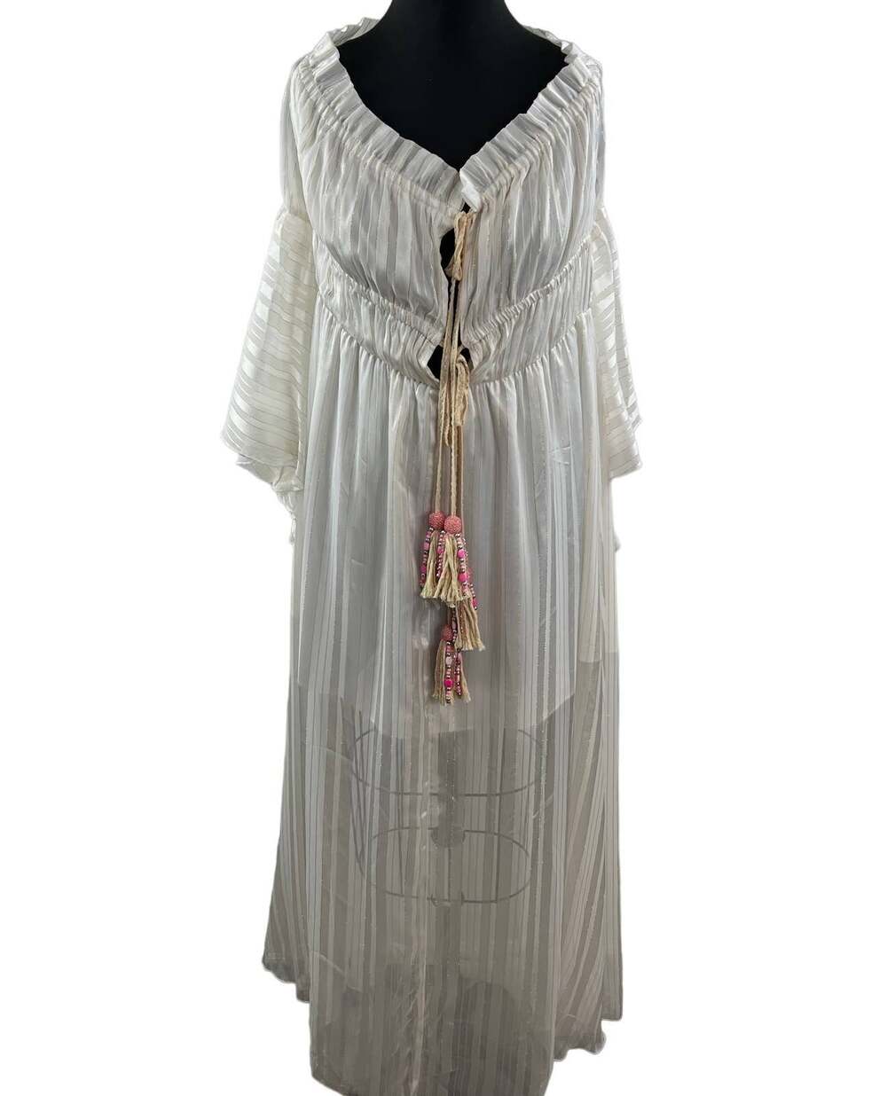 VENUS White Bohemian Flowy Tassel Off Shoulder Bell Sleeve Maxi Dress Plus 16